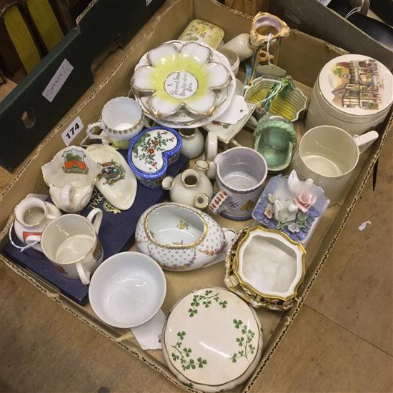 Collection of small ceramics, inc trinket boxes, souvenir & crested, an ebonised dressing table set & sundries